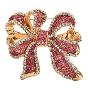 Vintage Style Red Crystal Bow Brooch Pin Gold Tone Rhinestone Statement